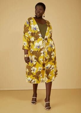 PLUS Size 3X (22/24W) | Midi Knee Length Open Front Kimono Drawstring Waist